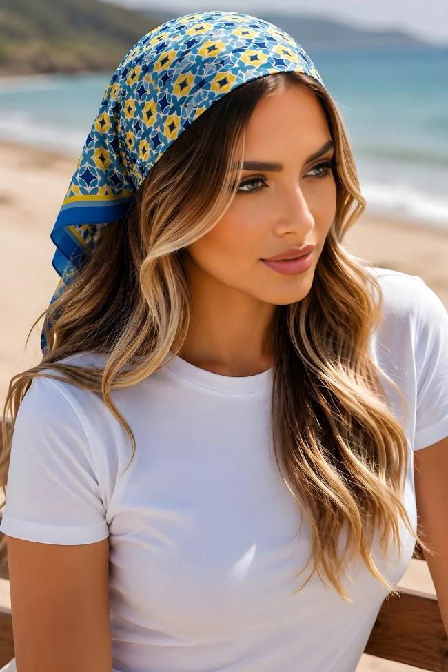Mavi Dijital Desenli Bandana