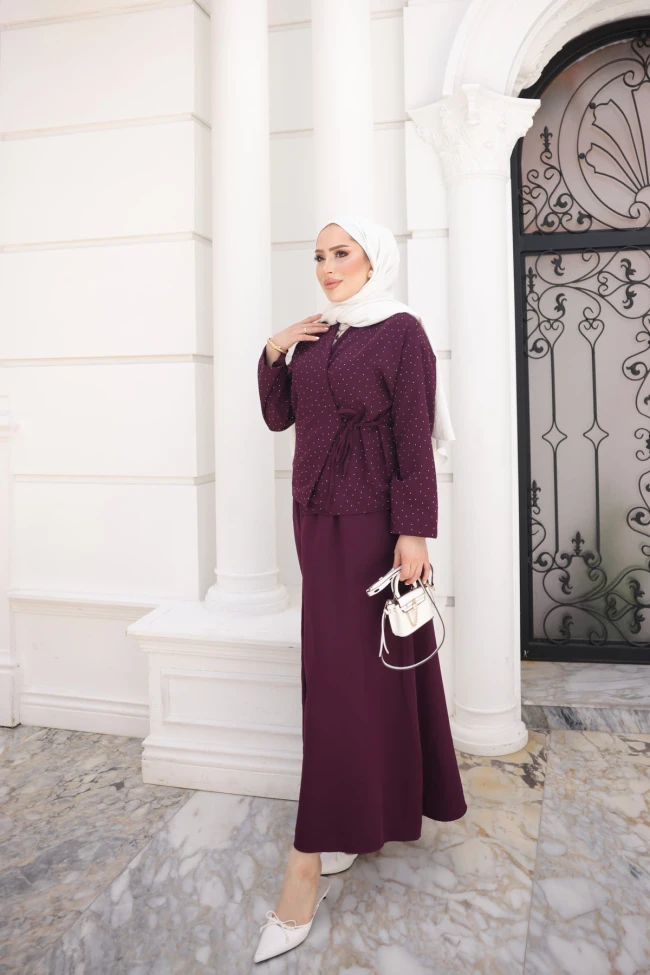 Mor Taş Detaylı Yan Bağlamalı Kimono Etekli Takım