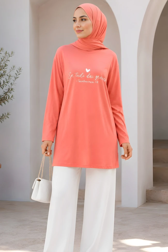 Pembe Bisiklet Yaka Baskılı Süprem Tunik