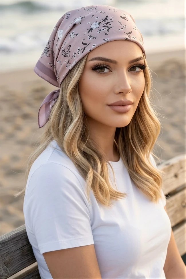 Pudra Çiçek Desenli Bandana