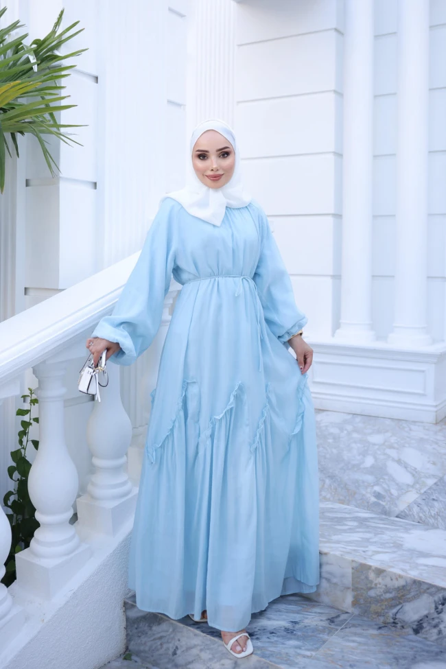 Bebe Mavi Bel Bağlamalı Dikiş Detaylı Elbise