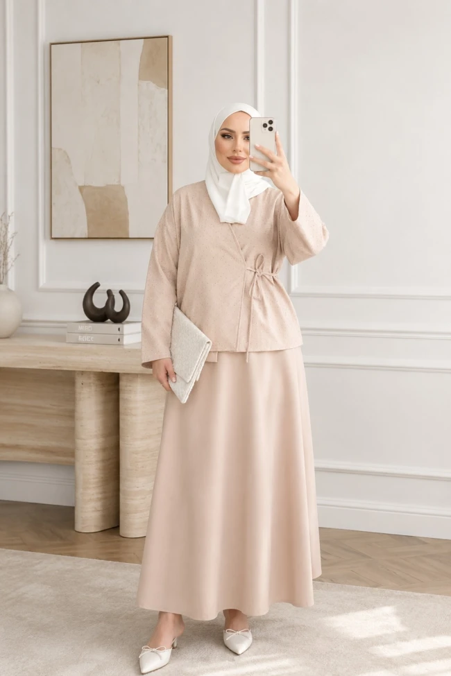 Bej Taş Detaylı Yan Bağlamalı Kimono Etekli Takım