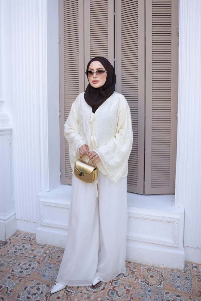 Krem Nakış İşlemeli Kimono Patolonlu Takım