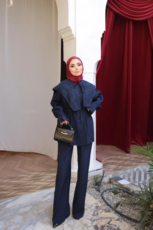 Lacivert Yaka Nakışlı Tunik Pantolonlu Modal Takım