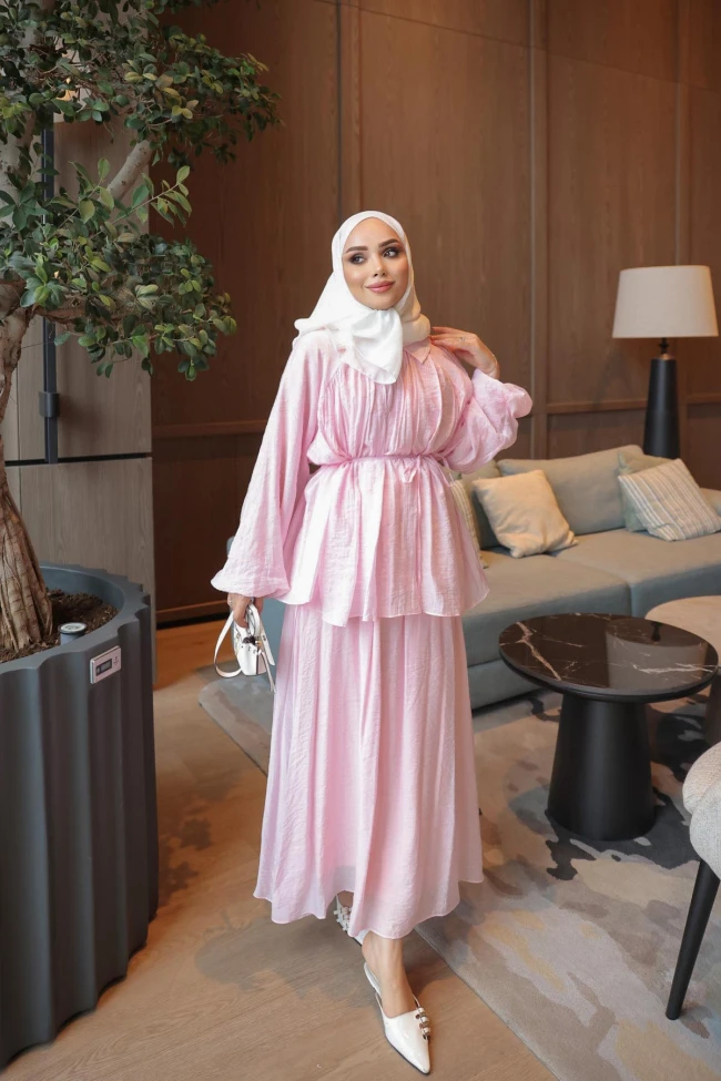 Pembe Bel İp Bağlamalı Gömlek Etekli Takım