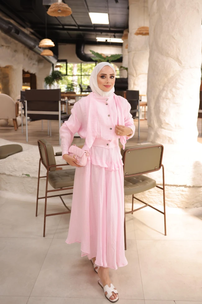 Pembe Çıt Çıt Düğmeli Gömlek Etekli Takım