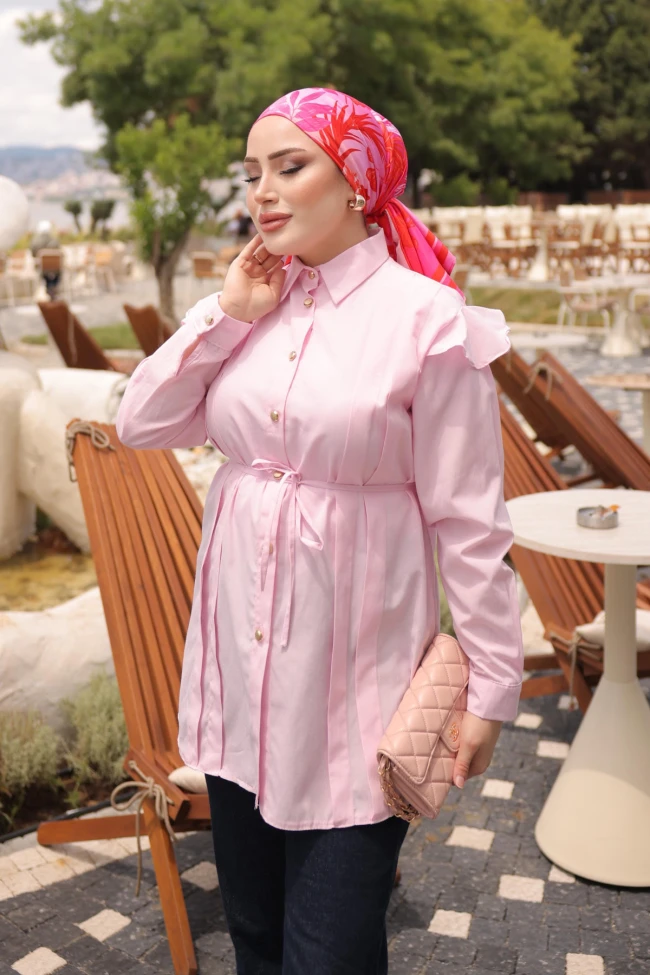 Pembe Omuz Fırfırlı Bel Bağlamalı Gömlek