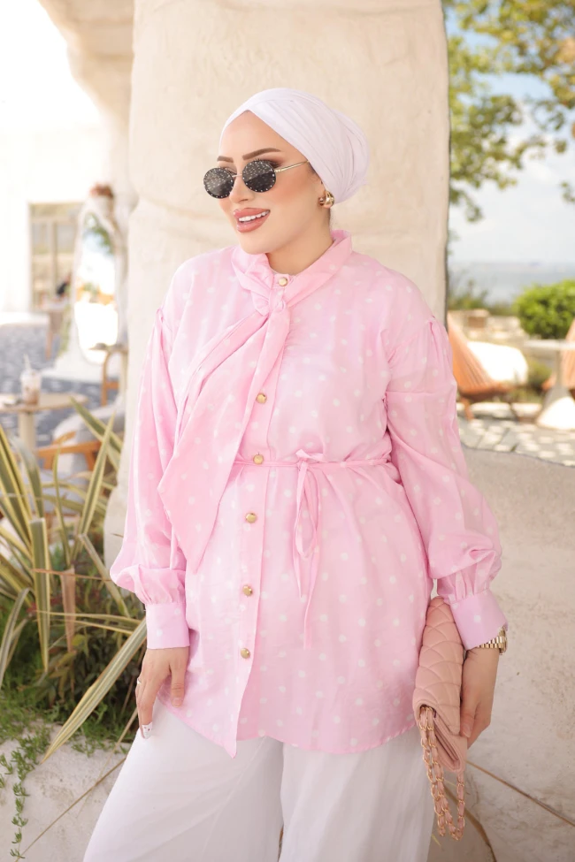 Pembe Yaka Bağlamalı Puantiyeli Gömlek