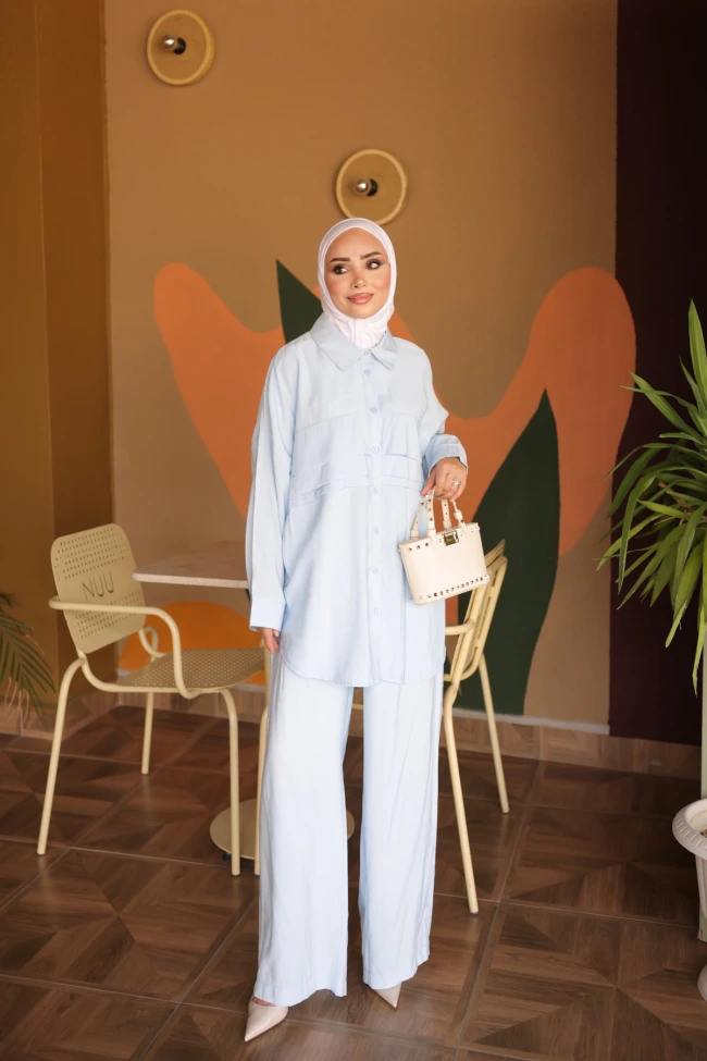 Bebe Mavi Gömlek Yaka Tunik Pantolonlu Takım