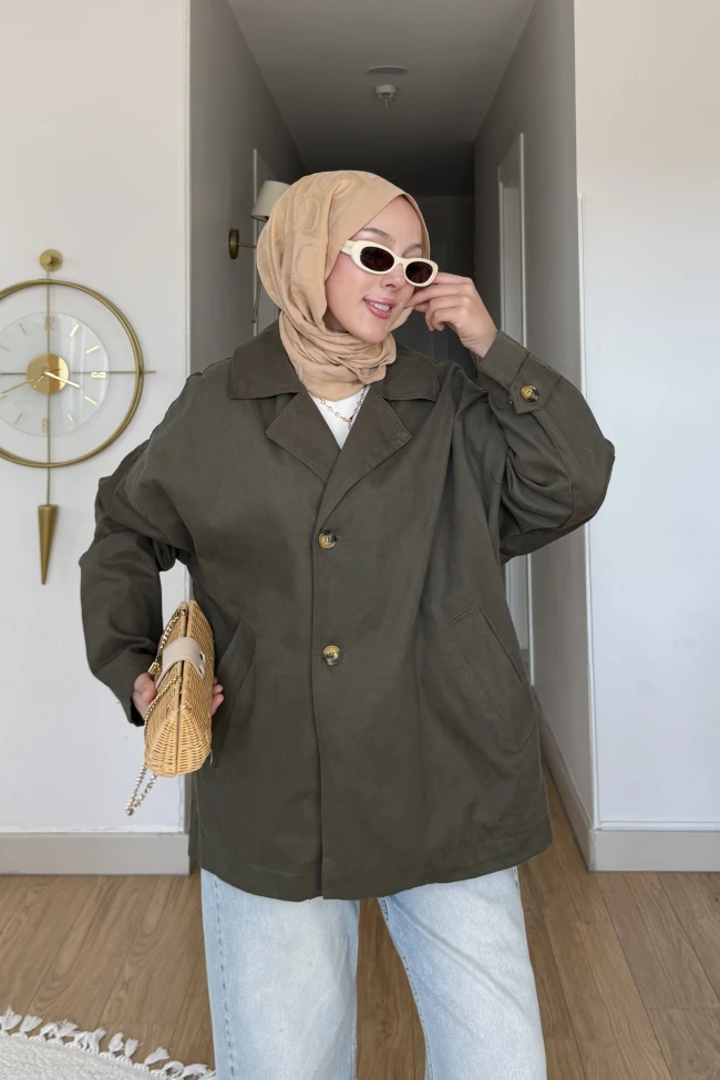 Haki Düğmeli Oversize Kanvas Ceket