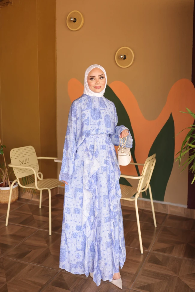 Mavi Desenli Fırfırlı Etekli Takım