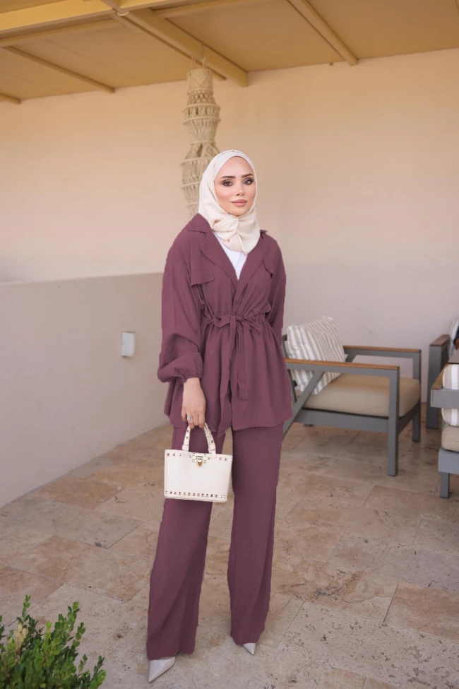 Mürdüm Bel Bağlamalı Ceket Pantolonlu Takım