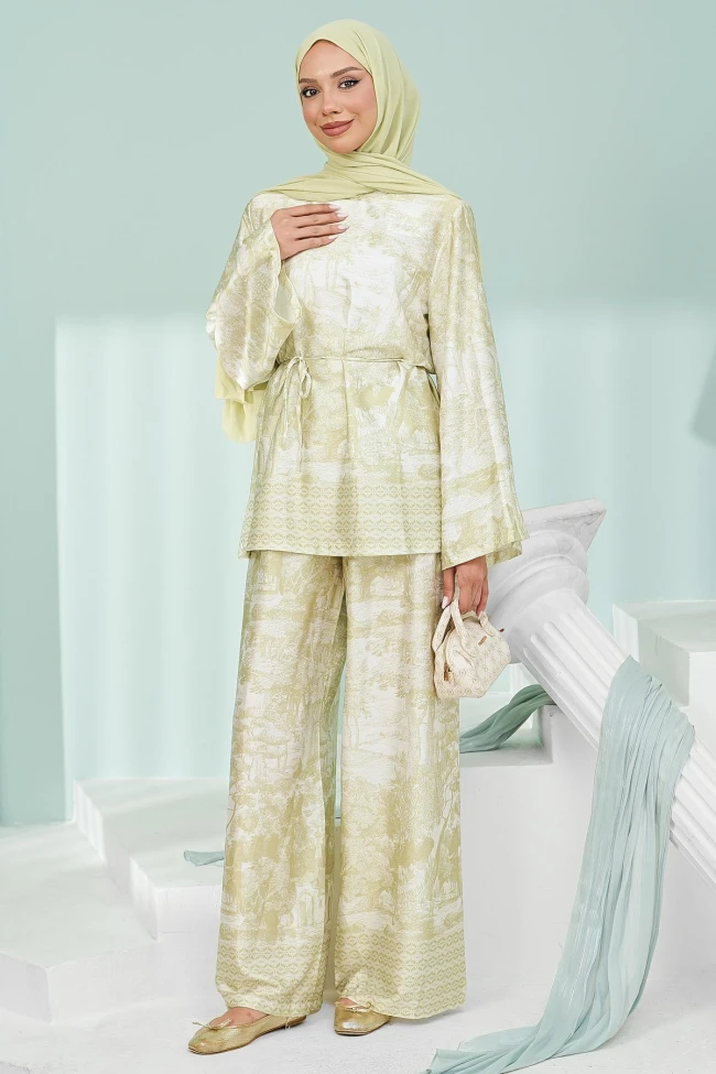 Olive Desenli Tunik Pantolonlu Takım