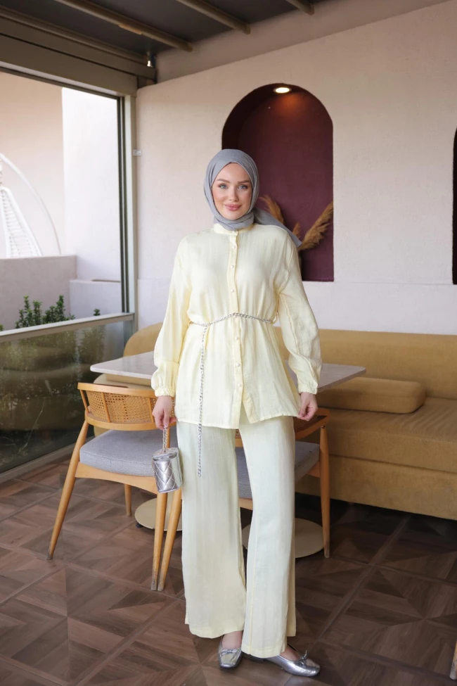 Sarı Kol Lastikli Düğmeli Tunik Pantolonlu Takım