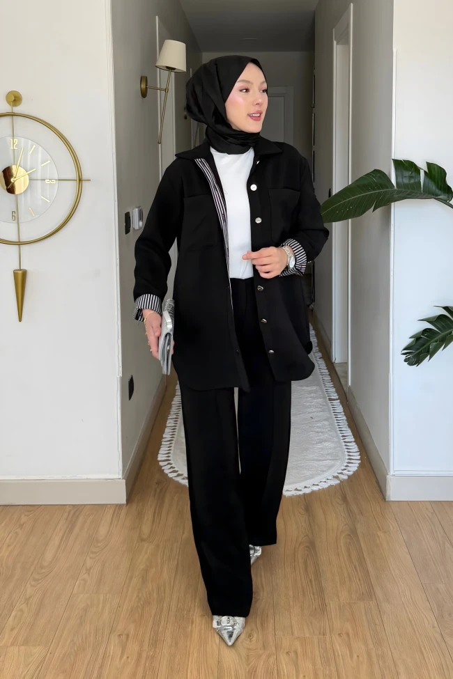 Siyah Gömlek Yaka Garni Detaylı Tunik Pantolon Takım