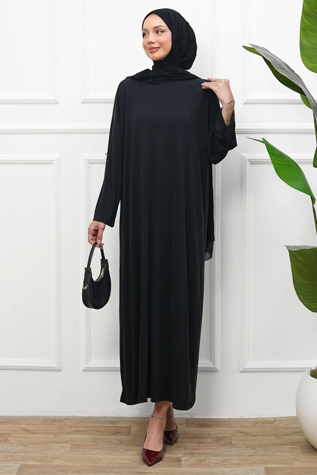 Siyah Kol Katlı Oversize Modal Elbise