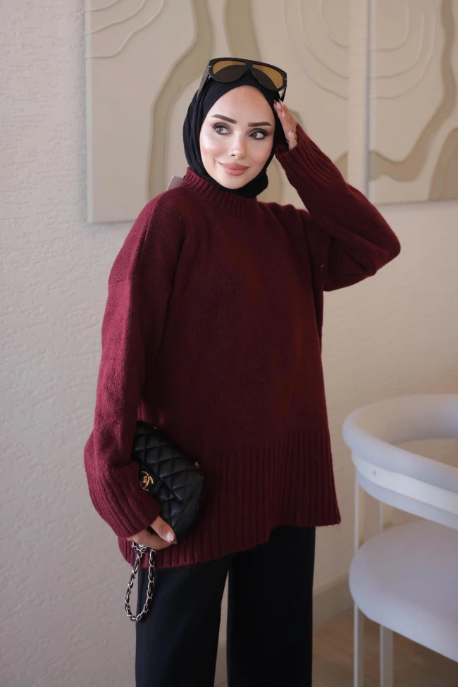 Bordo Bisiklet Yaka Oversize Şardon Triko Kazak