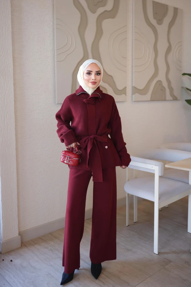 Bordo Corsman Premium Hırka Pantolonlu Triko Takım