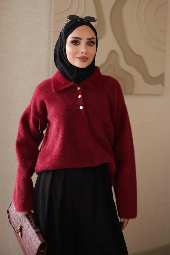 Bordo Gömlek Yaka Angora Yumoş Triko Kazak