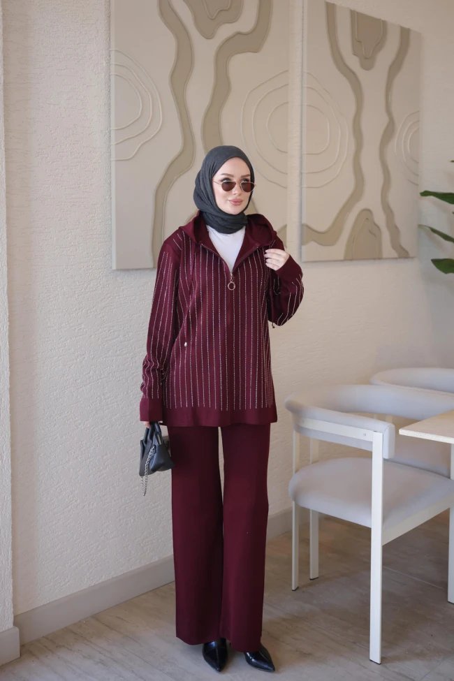 Bordo Kapüşonlu Tunik Pantolonlu Taşlı Triko Takım
