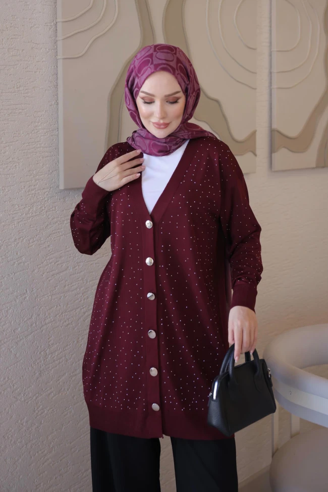 Bordo Soğuk İplik Taşlı Triko Hırka