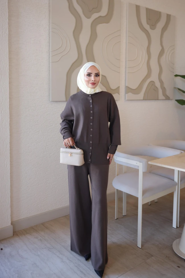 Kahverengi Corsman Premium Triko Hırka Pantolonlu Takım