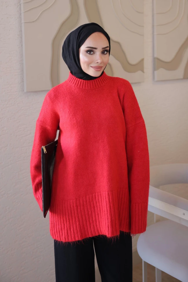 Kırmızı Bisiklet Yaka Oversize Şardon Triko Kazak
