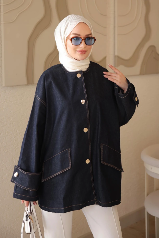 Lacivert Cepli Düğmeli Oversize Ceket