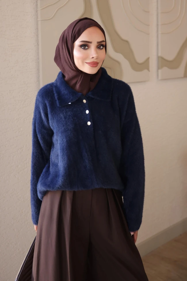 Lacivert Gömlek Yaka Angora Yumoş Triko Kazak