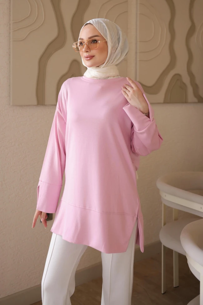 Pembe Kol Ve Eteği Manşetli Yırtmaçlı Tunik