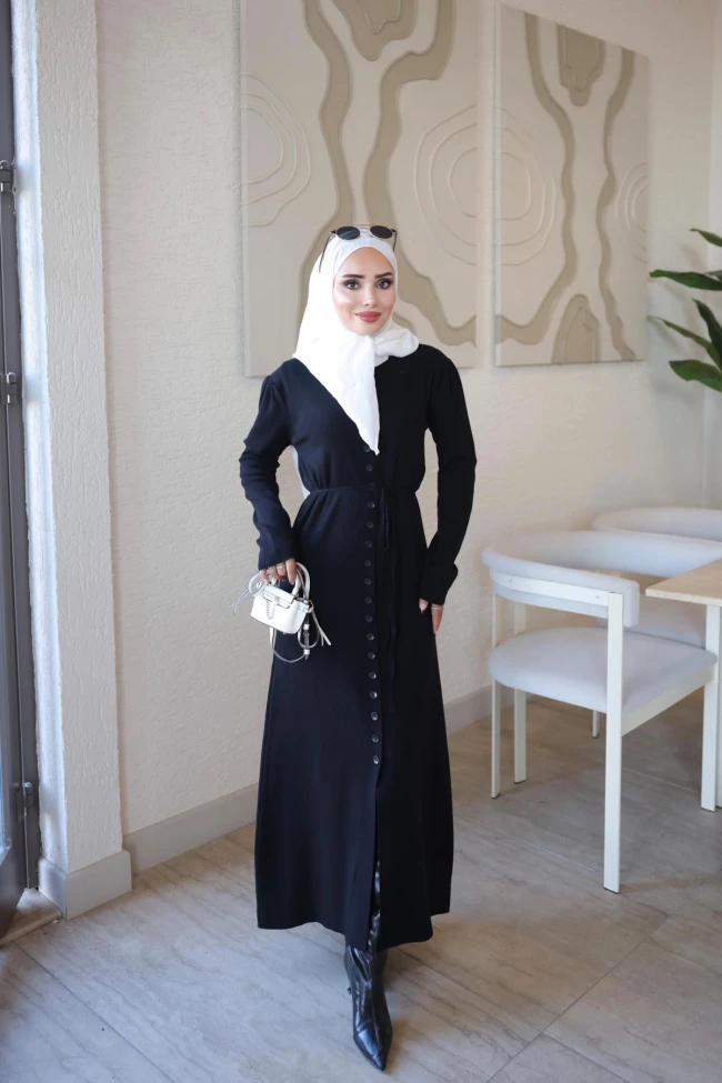 Siyah Corsman Düğmeli Triko Elbise