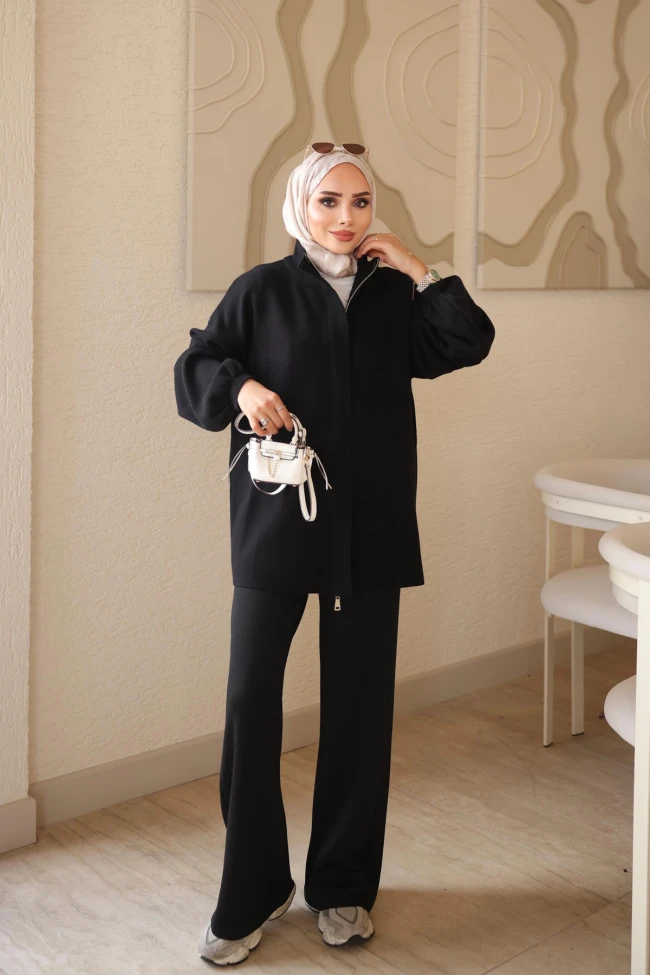 Siyah Fermuarlı Corsman Hırka Pantolonlu Triko Takım