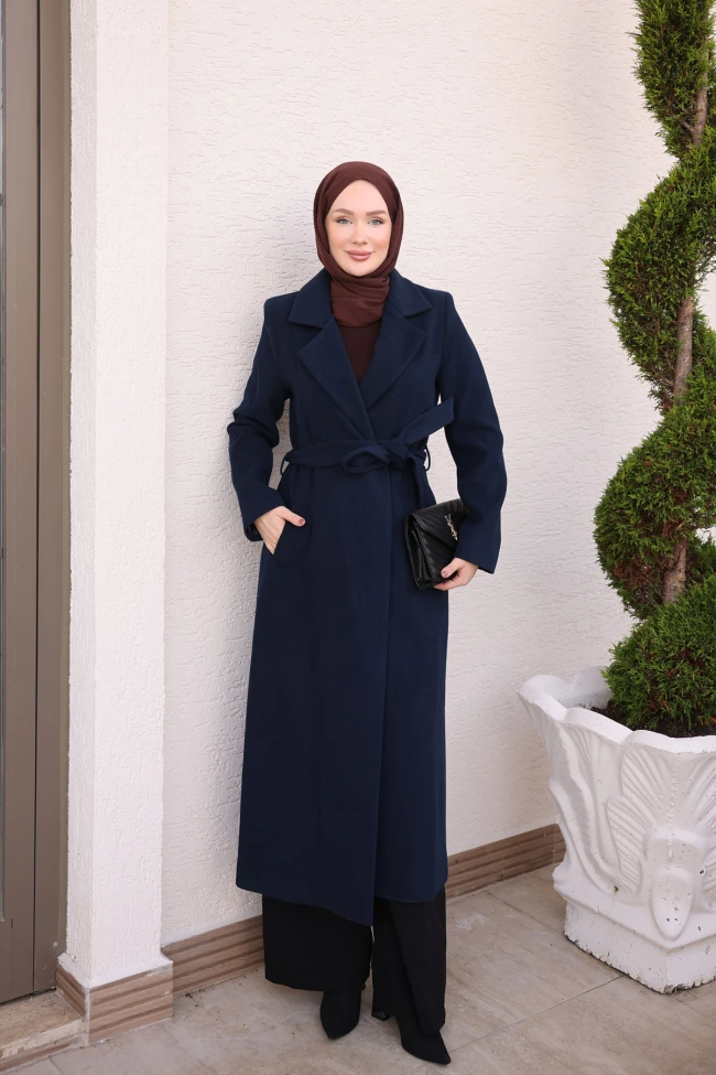 Açık Lacivert Bel Kuşaklı Uzun Kaşe Kaban