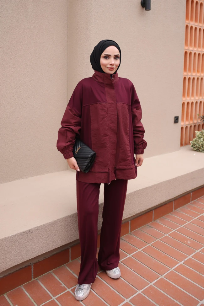 Bordo Mürdüm Garnili Tunik Pantolonlu Modal Takım