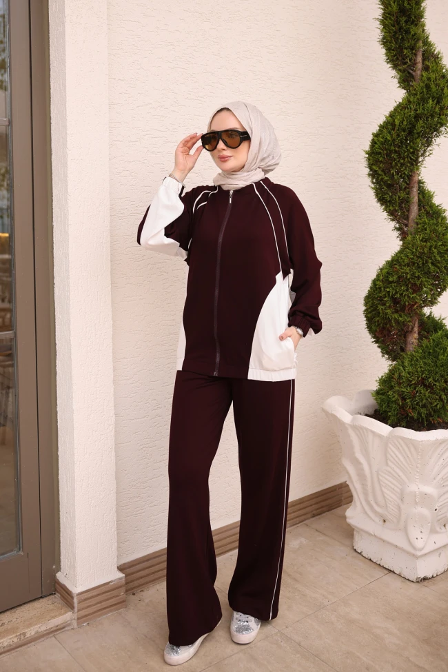 Bordo Renk Bloklu Tunik Pantolonlu Osy Takım