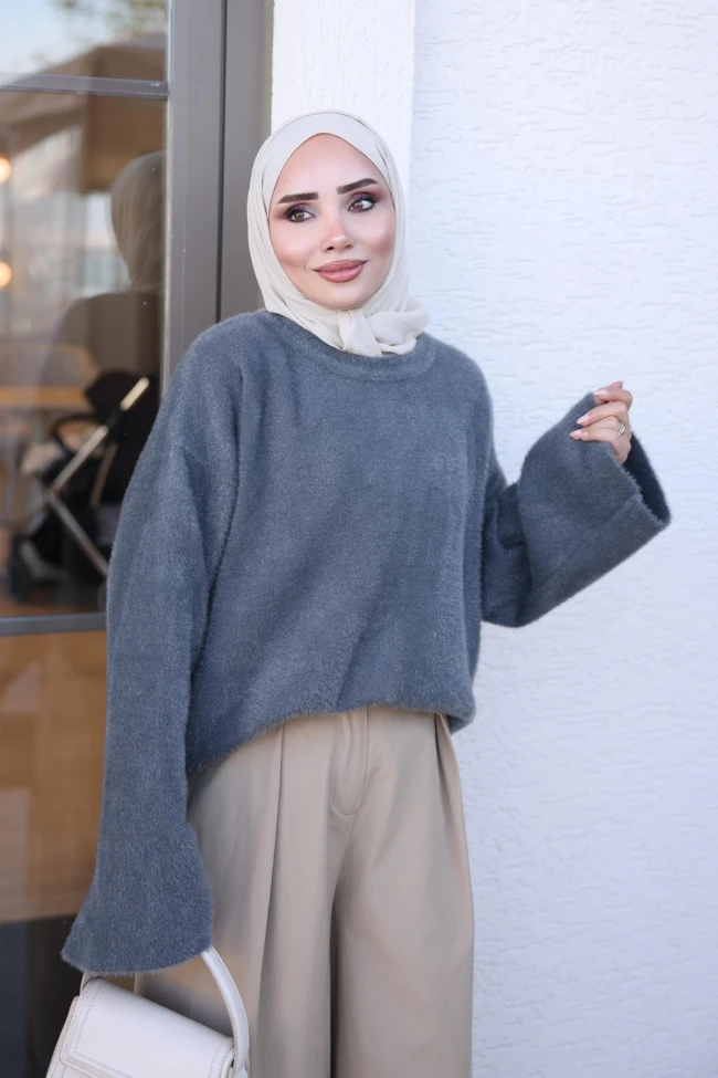 Füme Bisiklet Yaka Oversize Angora Yumoş Triko Kazak