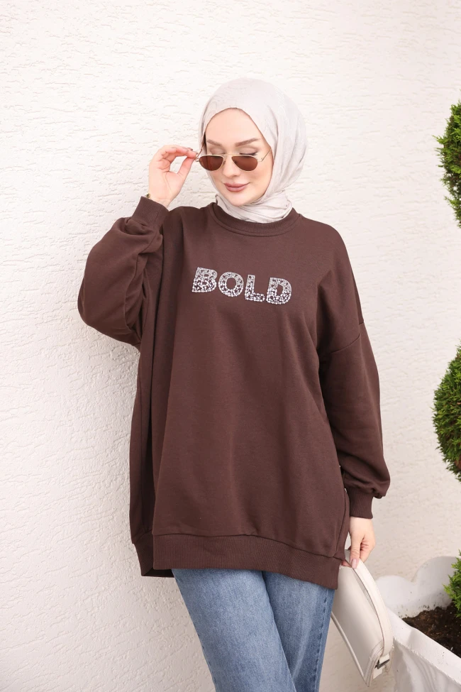Kahverengi Boncuk İşlemeli İki İplik Sweatshirt