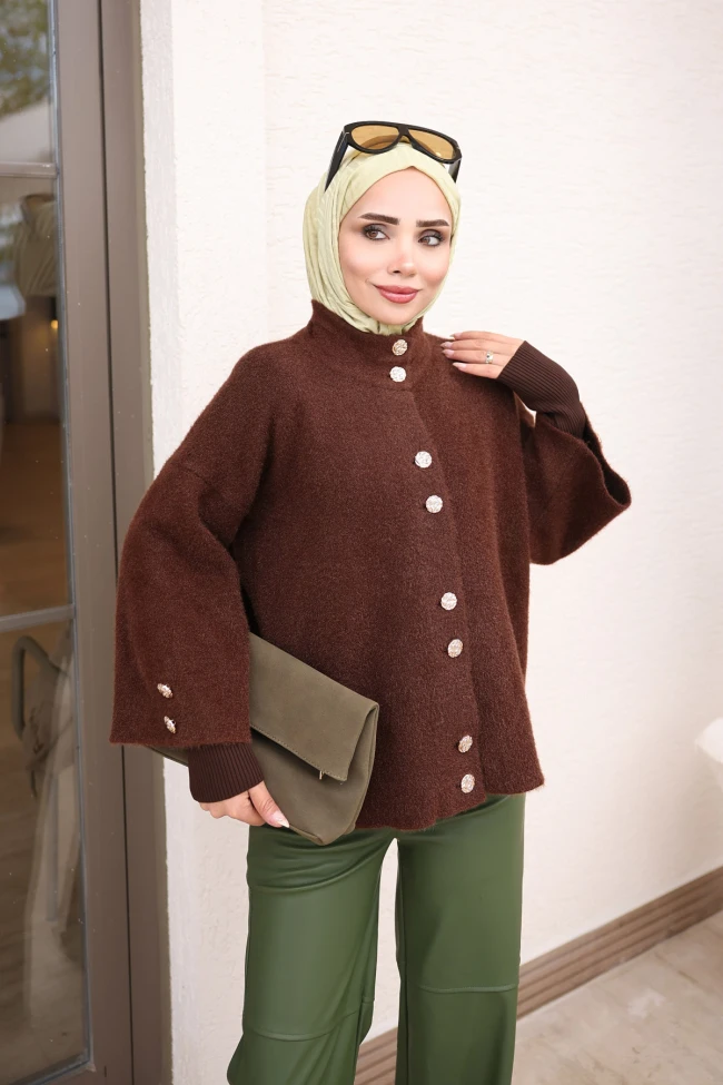 Kahverengi Düğmeli Angora Hırka