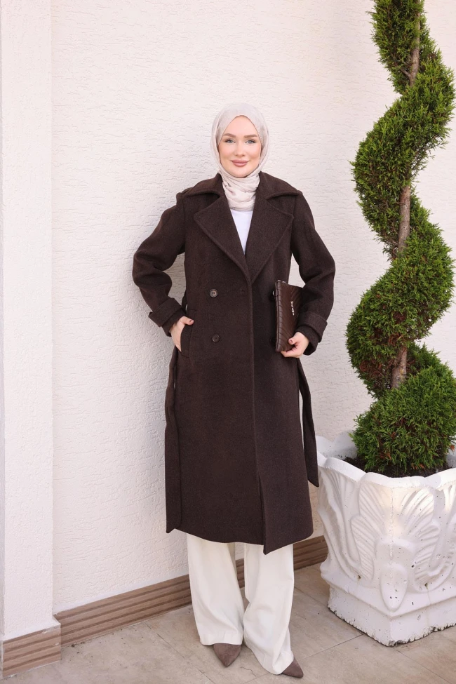 Kahverengi Kruvaze Yaka Astarlı Bel Bağlamalı Kaşe Kaban