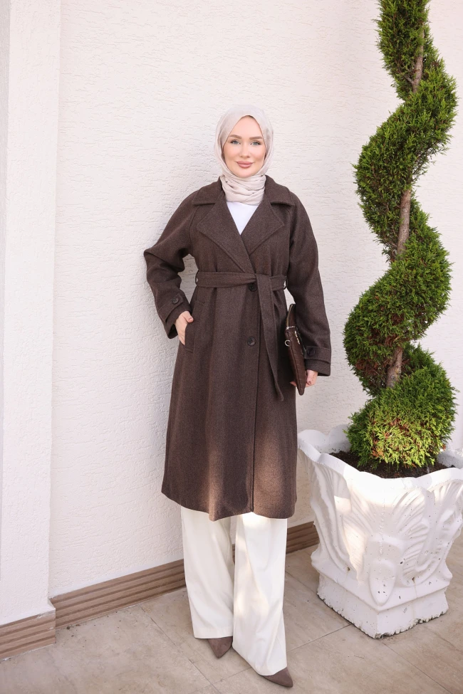 Kahverengi Kruvaze Yaka Astarlı Kaşe Kaban