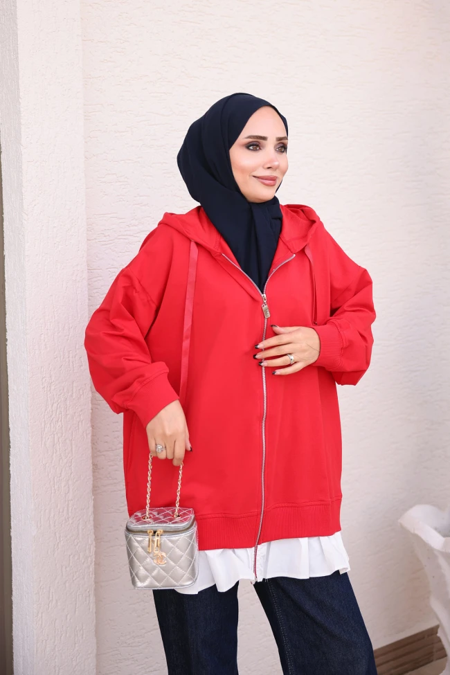 Kırmızı Etek Ucu Fırfırlı Sweat Hırka