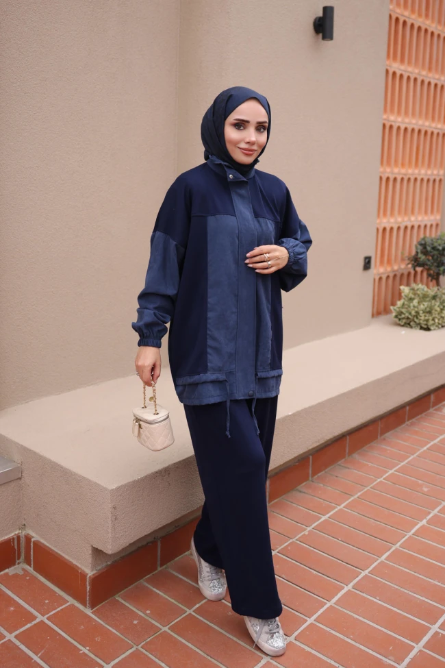Lacivert Oxford Garnili Tunik Pantolonlu Takım