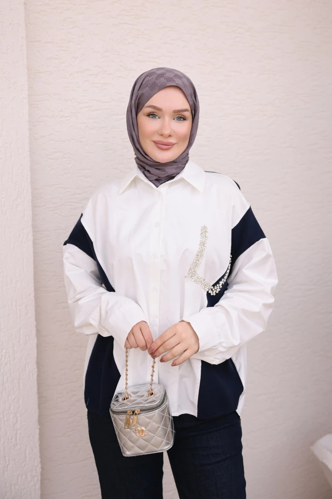 Lacivert Taşlı Corsman Triko Garnili Poplin Gömlek