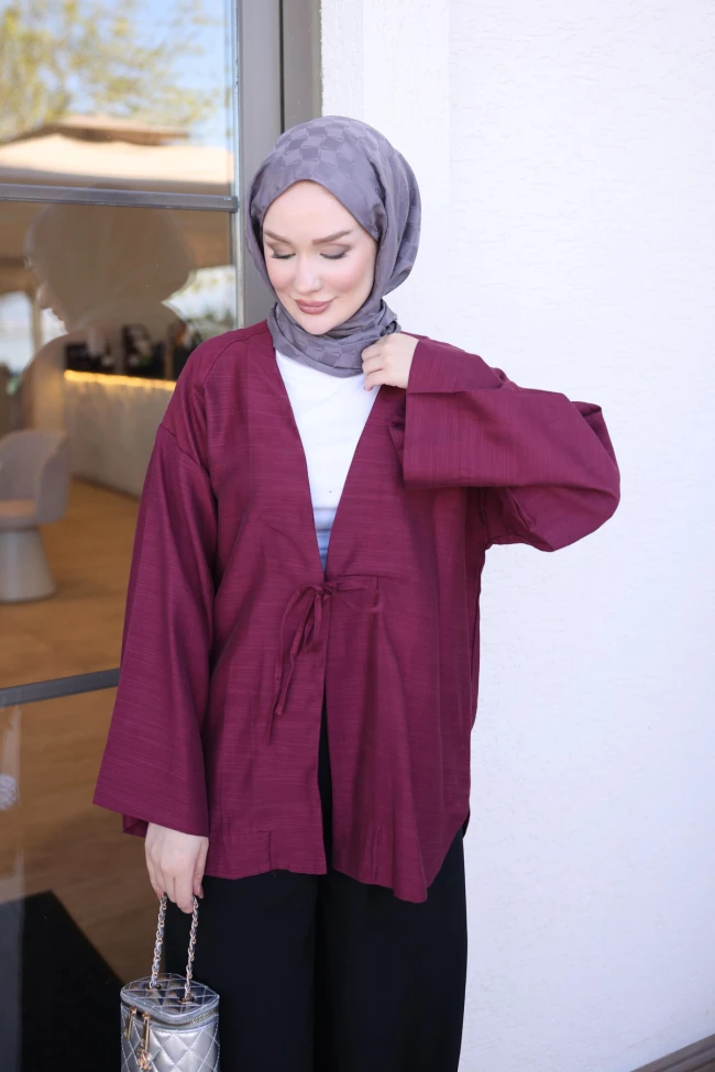 Mürdüm Biye Düğmeli Keten Kimono