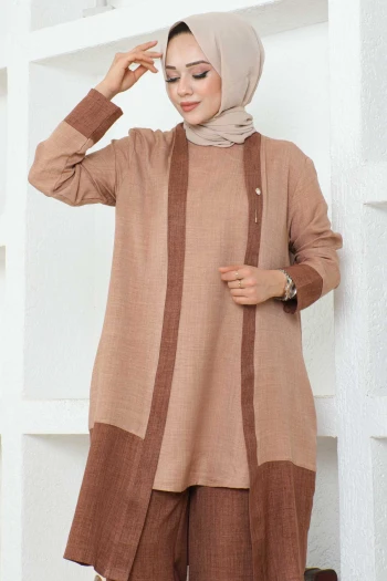 Bej Büyük Beden Bronşlu Üçlü Takım