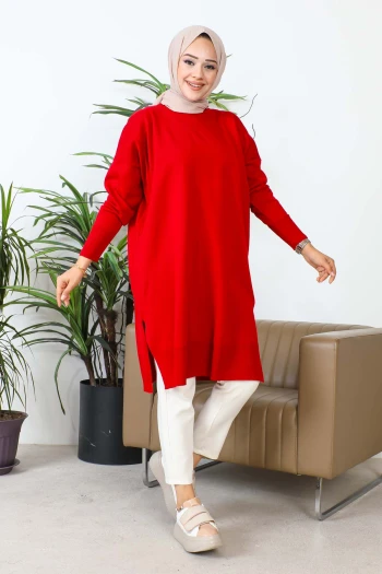 Bordo Bisiklet Yaka Merserize Salaş Triko Tunik