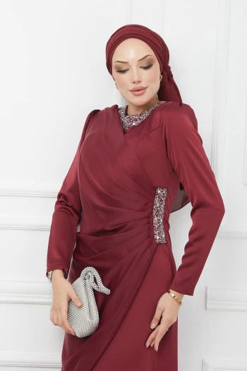 Bordo Drapeli Taşlı Saten Abiye