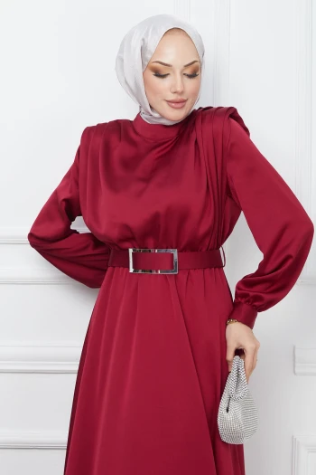 Bordo Omuz Piliseli Kemerli Saten Abiye