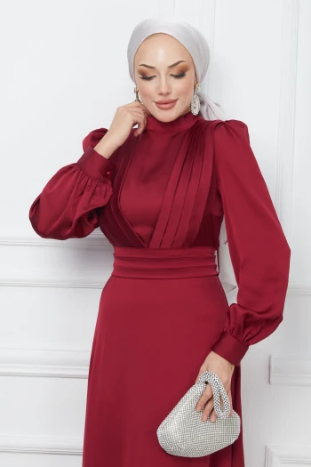 Bordo Omuz Piliseli Saten Abiye