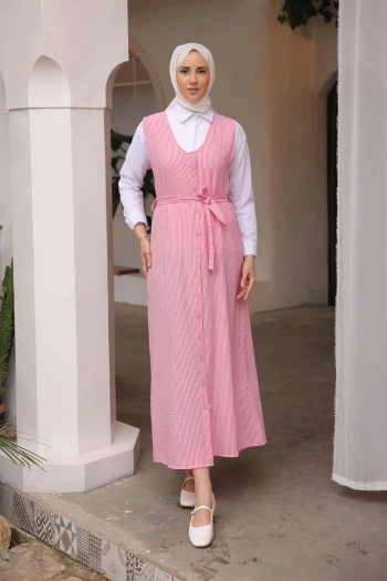 Fuşya Boydan Düğmeli Gömlekli Jile Elbise